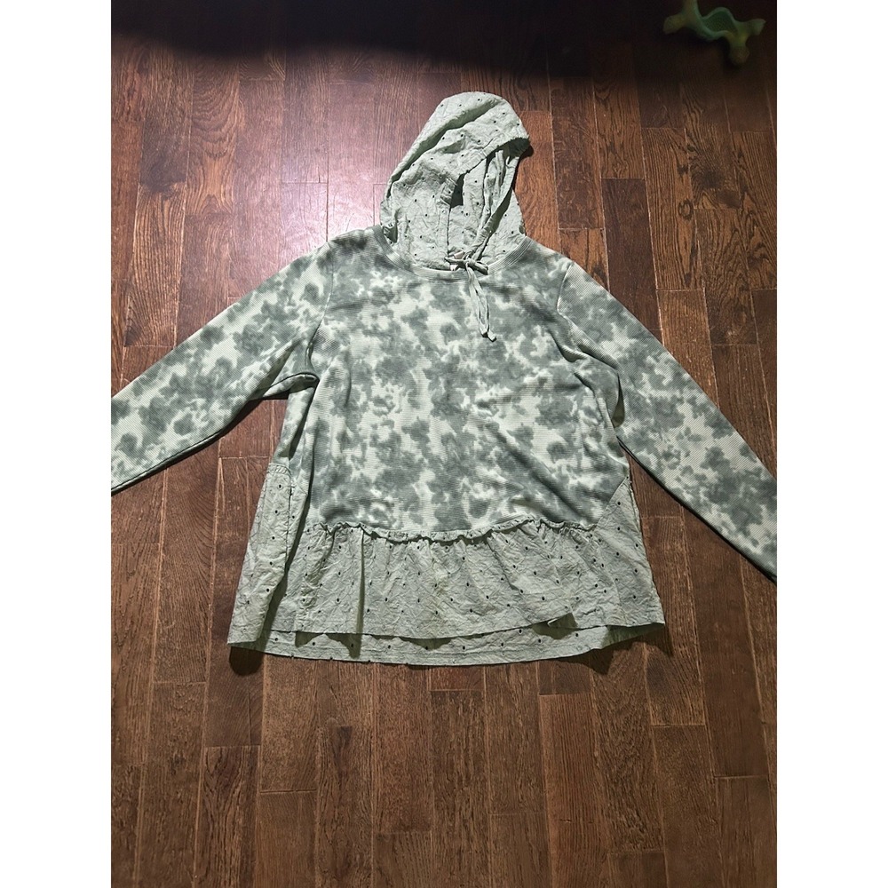 LOGO Lori Goldstein Womens XL Hoodie Tie Dye Sage Green Eyelet Trim Waffle Knit